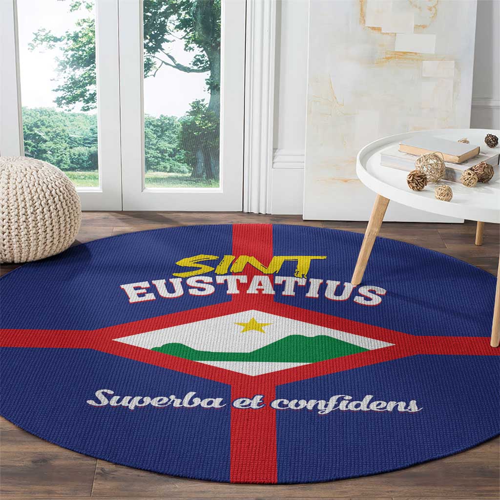 Round blue rug with flag-style emblem, red cross, and 'Superba et confidens' lettering