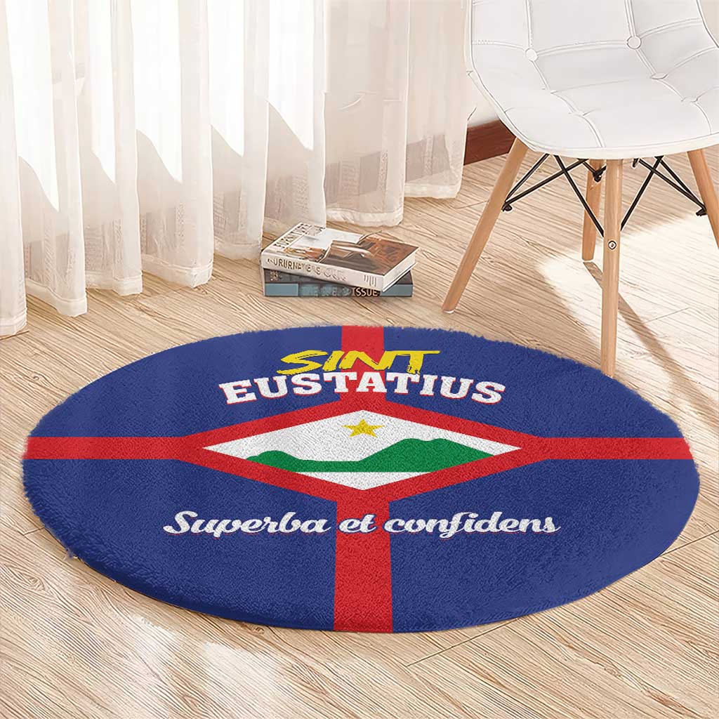Round blue rug with red cross and Eustatius logo, 'Superba et confidens' script