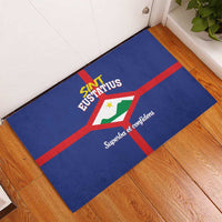 Blue rubber doormat with red border, Sint Eustatius crest, and 'Superba et confidens'