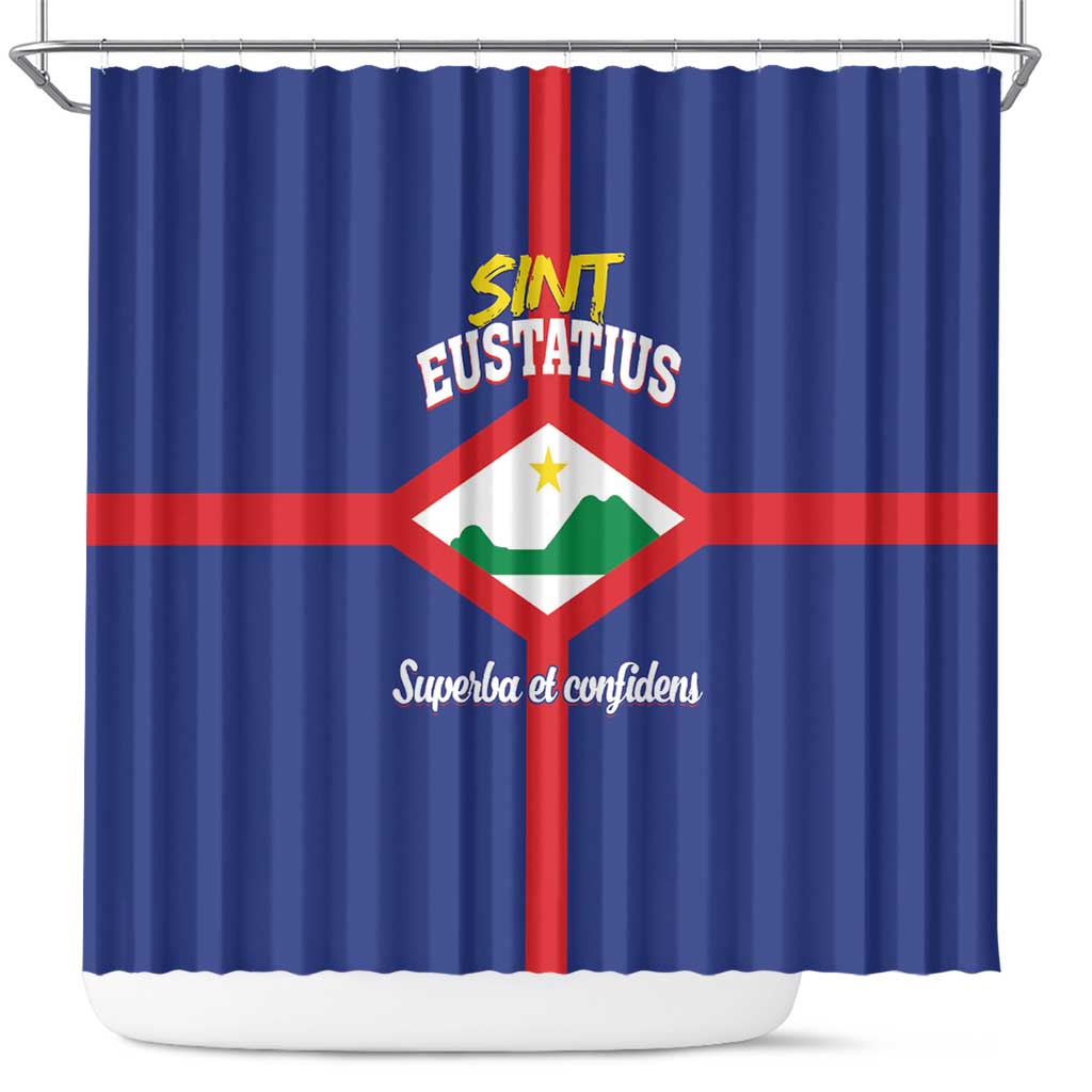 Blue shower curtain with Sint Eustatius crest, red stripe, and text design
