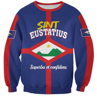 Personalized blue crewneck sweatshirt with red stripe sleeves and Sint Eustatius front graphic