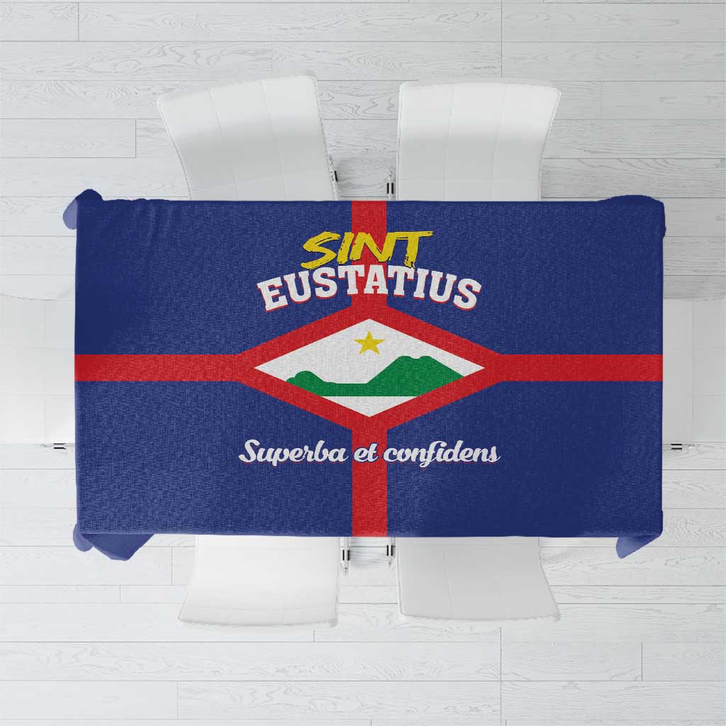 Blue tablecloth with red stripe and central crest graphic, folded top view