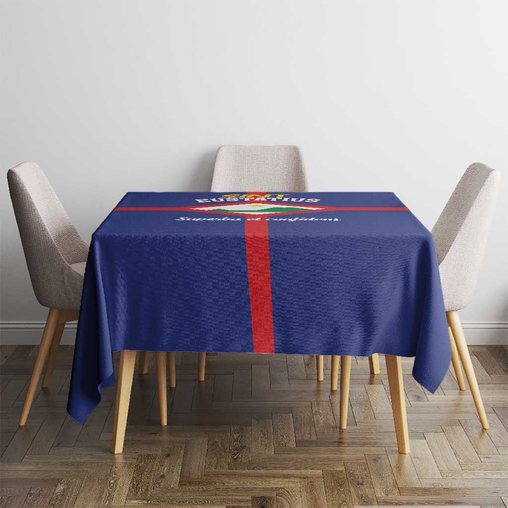 Blue tablecloth with red stripe and crest on a square dining table