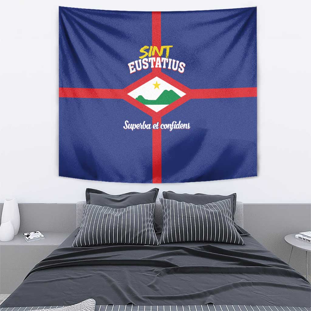 Blue wall tapestry with Sint Eustatius text and red cross shield
