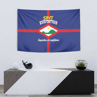 Blue wall tapestry with red cross, white shield, and “Superba et confidens”
