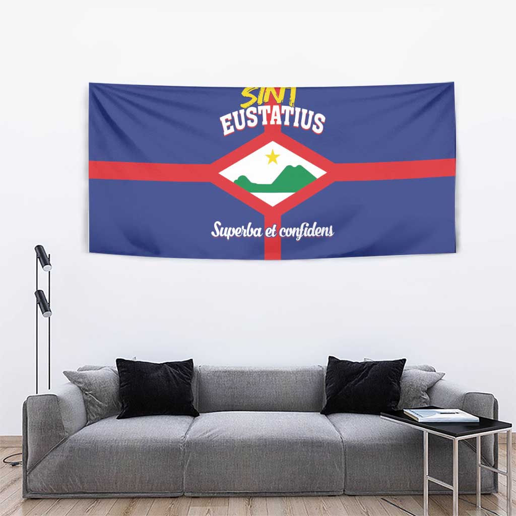 Blue wall tapestry with red cross and central white shield emblem