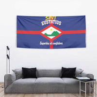 Blue wall tapestry with red cross and central white shield emblem