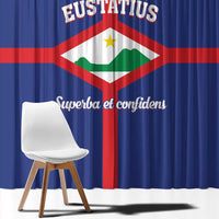 Blue curtain panel with Sint Eustatius flag emblem and “Superba et confidens” text