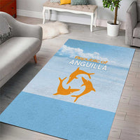 Blue Anguilla area rug featuring centered orange dolphin graphic and title lettering