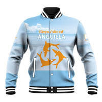 Light blue unisex varsity baseball jacket with black-and-white rib collar and front logo