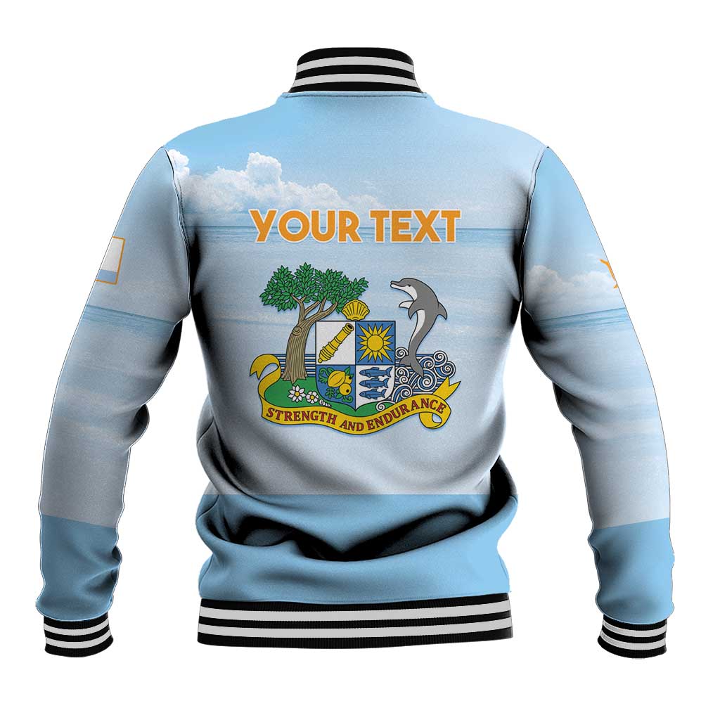 Light blue unisex varsity baseball jacket with back YOUR TEXT and Strength & Endurance crest