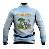 Light blue unisex varsity baseball jacket with back YOUR TEXT and Strength & Endurance crest