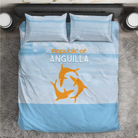 Blue bedding set with orange bird graphic on duvet and two matching pillowcases