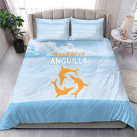 Blue bedding set with orange bird graphic centered on duvet and two matching pillowcases