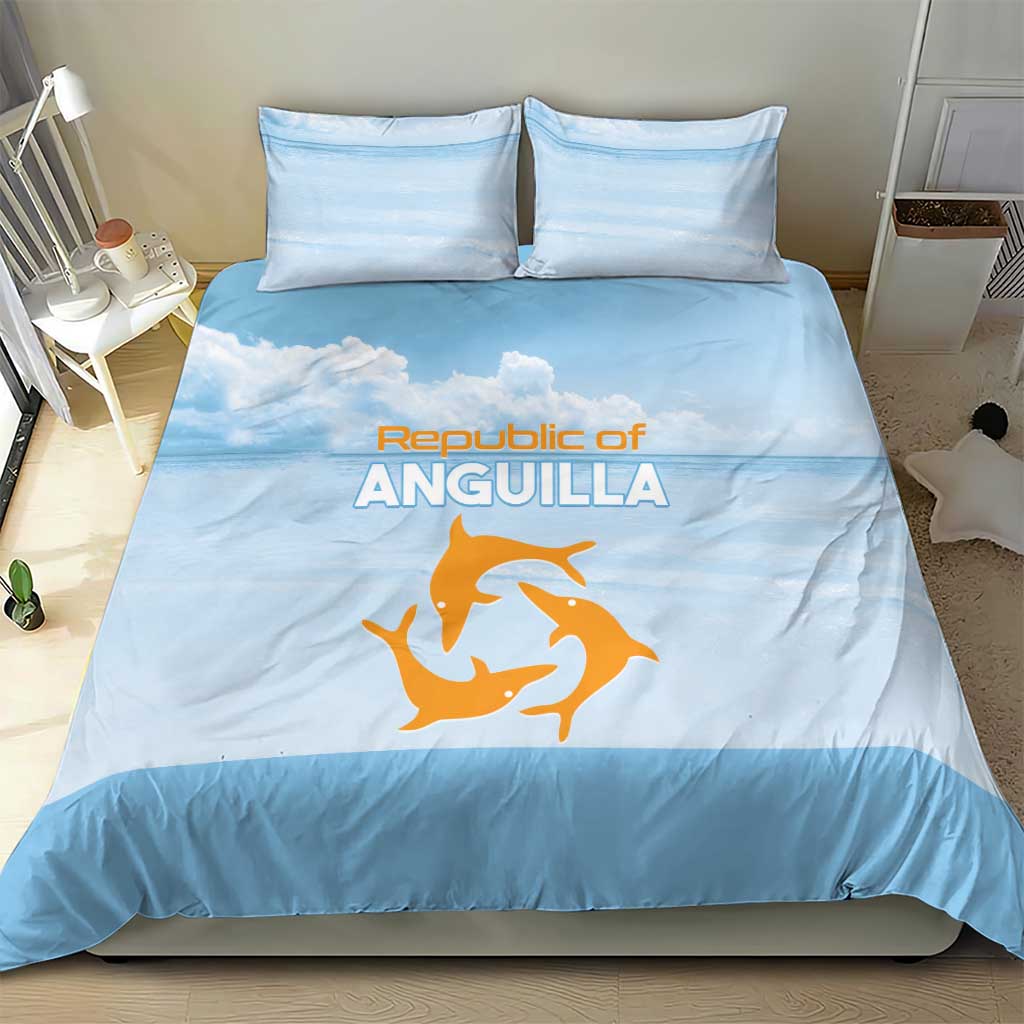 Blue bedding set with orange bird emblem on duvet and two matching pillowcases