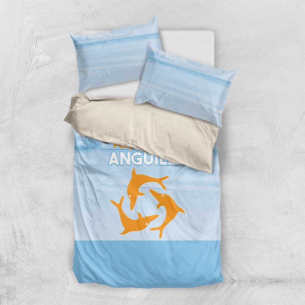 Light blue bedding set with orange bird graphic, duvet cover and two pillowcases