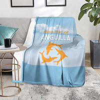 Light blue blanket draped on chair, featuring Republic of Anguilla text and orange sea animal