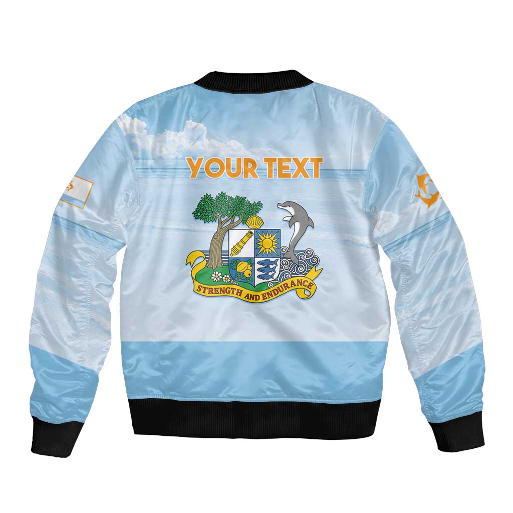 Blue unisex bomber jacket with back custom text graphic, ribbed collar, cuffs and hem