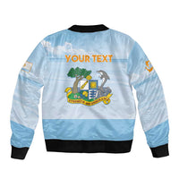 Blue unisex bomber jacket with back custom text graphic, ribbed collar, cuffs and hem