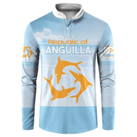 Light blue button sweatshirt with front Anguilla graphic and yellow dolphin emblem
