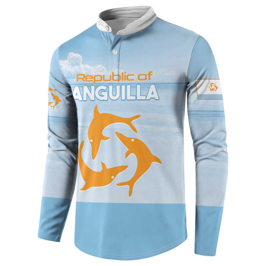 Light blue button sweatshirt with Republic of Anguilla text and dolphin graphic