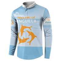 Light blue button sweatshirt with Republic of Anguilla text and dolphin graphic