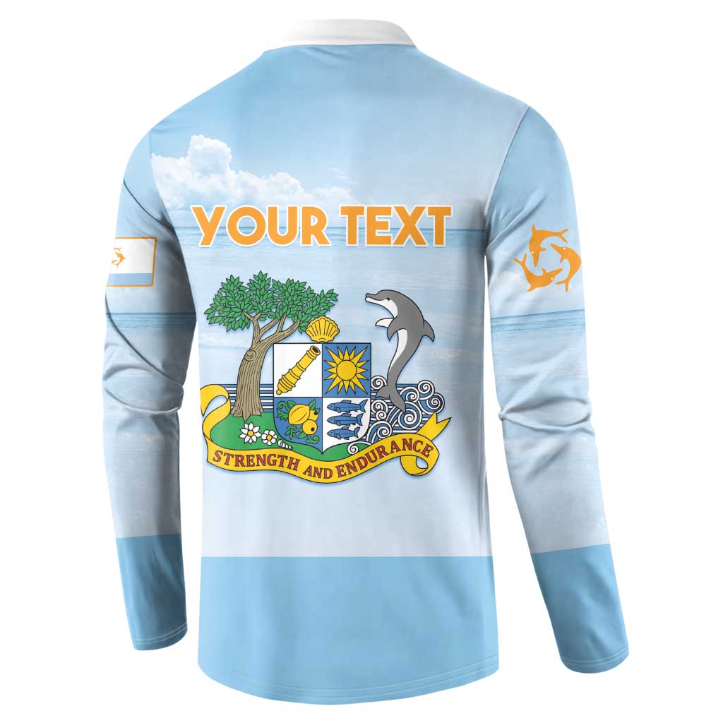 Light blue button sweatshirt back with 'YOUR TEXT' and Strength and Endurance crest