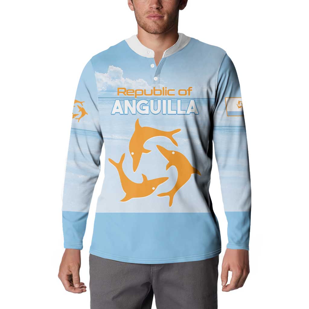 Light blue button sweatshirt with front Republic of Anguilla lettering and dolphin artwork