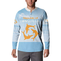 Light blue button sweatshirt with front Republic of Anguilla lettering and dolphin artwork