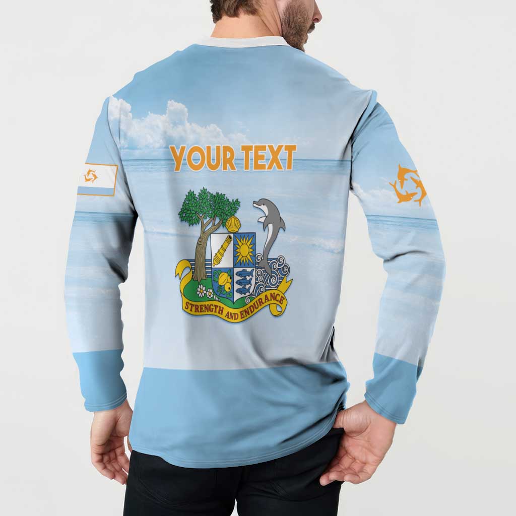 Light blue button sweatshirt back with 'YOUR TEXT' and island crest showing tree and sun
