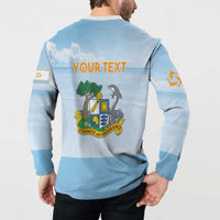 Light blue button sweatshirt back with 'YOUR TEXT' and island crest showing tree and sun
