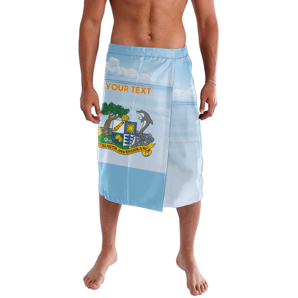 Personalized blue lavalava with front split, Anguilla crest and 'YOUR TEXT' print