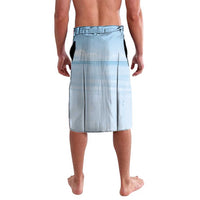 Personalized blue lavalava shorts with elastic waistband and vertical panel seams, back view