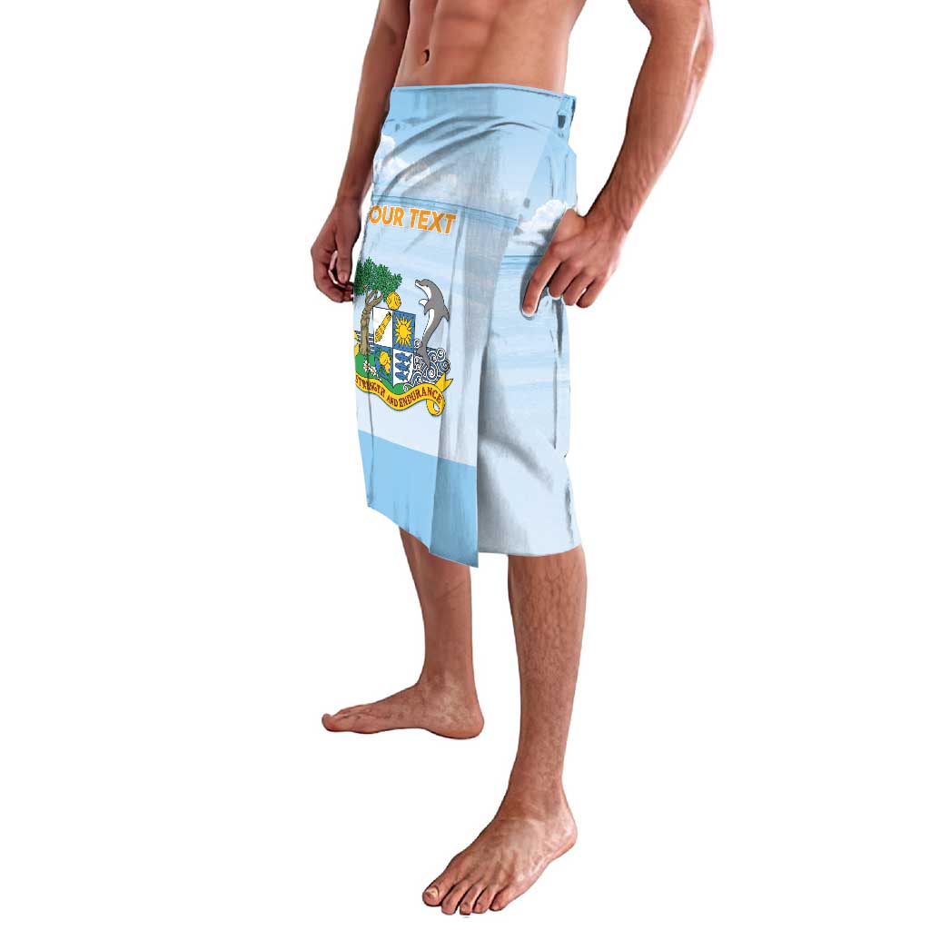 Personalized blue lavalava with Anguilla crest logo and 'YOUR TEXT' banner, front side