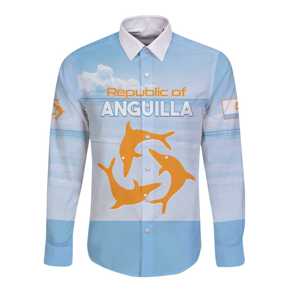 Light blue long-sleeve button shirt with white collar and Republic of Anguilla graphic