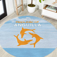 Blue round area rug with Republic of Anguilla text and orange dolphin graphic
