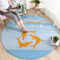 Blue round area rug with orange dolphin graphic and Republic of Anguilla text