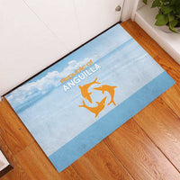 Blue rubber doormat with animal emblem and sky-striped band, on wood floor