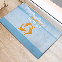 Blue rubber doormat with animal emblem and sky-striped center band on indoor floor