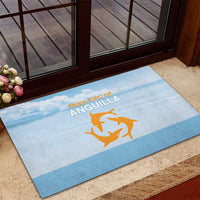 Blue rubber doormat with animal emblem and sky-striped band near entry