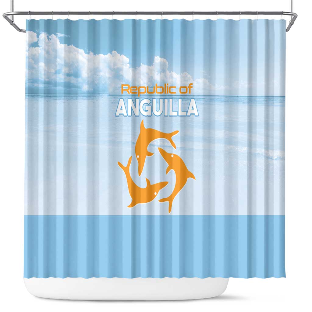 Blue shower curtain with centered orange emblem, Republic of ANGUILLA text, top rod loops