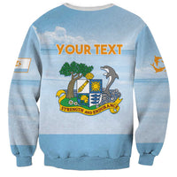 Light blue crewneck sweatshirt with back text YOUR TEXT and crest with tree and dolphin