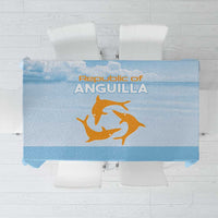 Blue tablecloth with Republic of Anguilla print and dolphin logo, folded