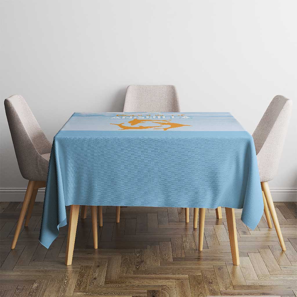 Blue tablecloth with Republic of Anguilla graphic on square table with four chairs