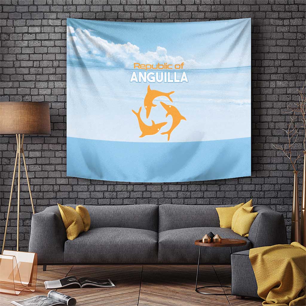 Blue Anguilla flag tapestry with sky clouds and orange dancer emblem, wall-hanging.