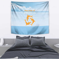 Blue wall tapestry with Republic of Anguilla text and orange dancing figure emblem.