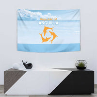 Blue tapestry with Republic of Anguilla lettering and orange emblem, centered hanging.