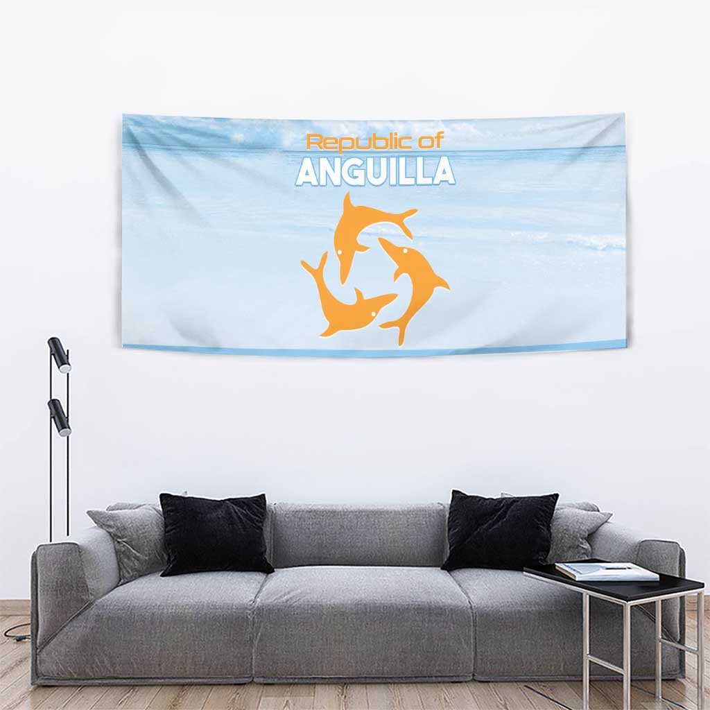 Blue rectangular tapestry with Republic of Anguilla title and orange emblem, wall-hanging.