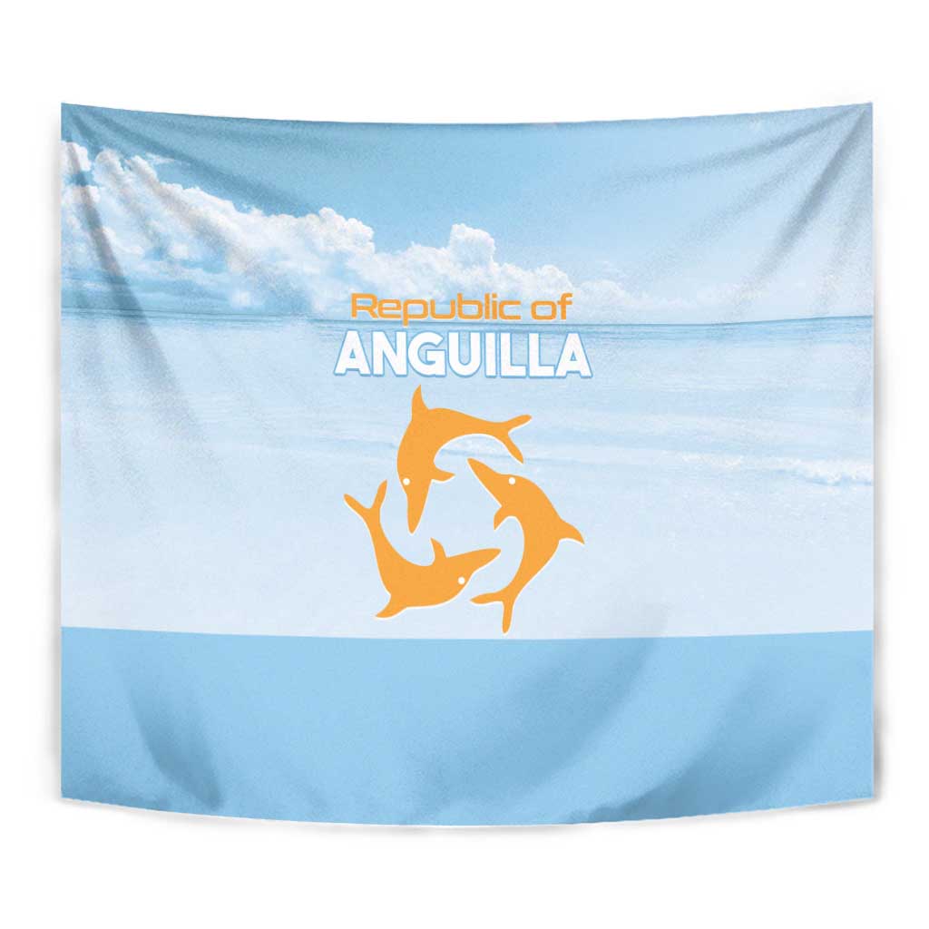 Blue rectangular tapestry close-up with Republic of Anguilla text and orange emblem.