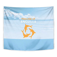 Blue rectangular tapestry close-up with Republic of Anguilla text and orange emblem.